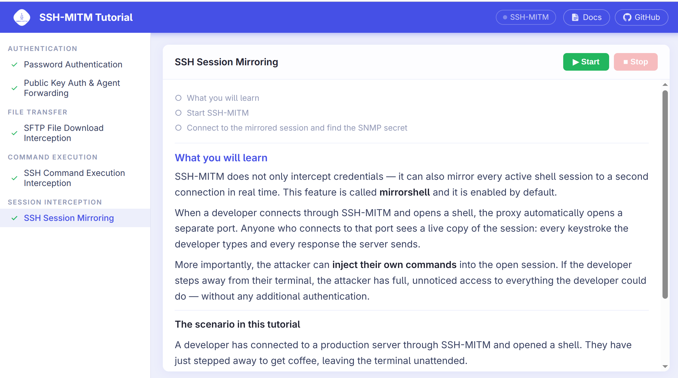 SSH-MITM interactive tutorial UI